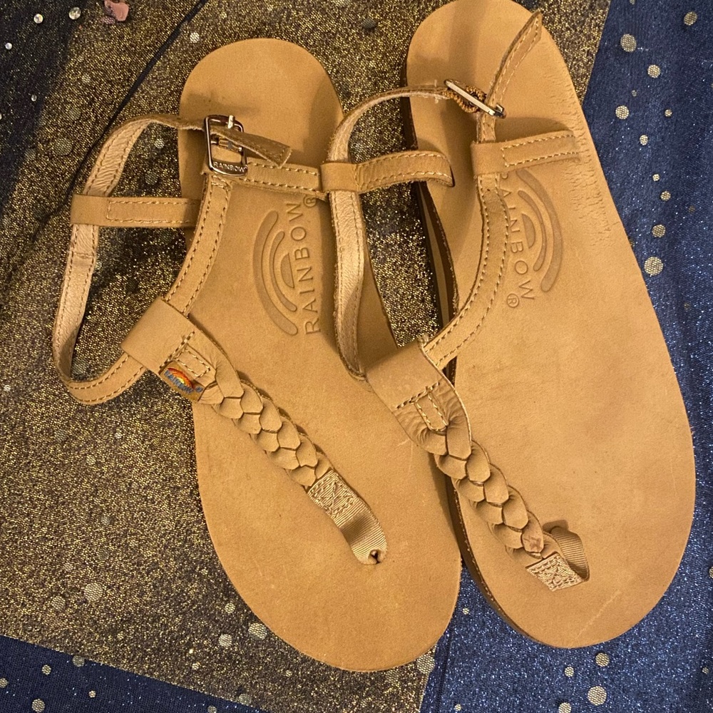RAINBOW TAN BRAIDED LEATHER T-STRAP BRAID Sandals
